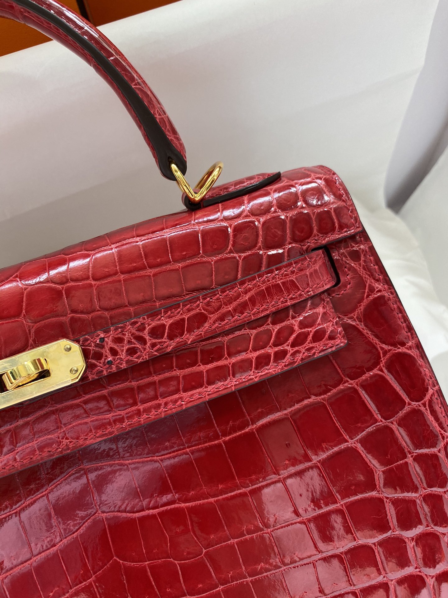 Hermes Kelly 25cm Handbag Shoulder Bag In Red Shiny Crocodile Niloticus Leather